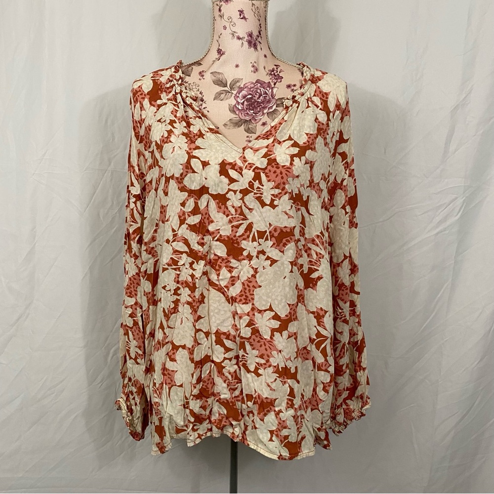 Old Navy sz:XXL Red Clay Floral Ruffled Floral Print Split-Neck Blouse Top